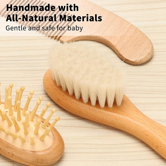 Goat Baby Hair Brush Set, Wooden Comb Massage Scalp Comb, Safe Natural Hair Care Kit, Soft Silicone Bath Brush for Newborns Toddlers (Brush Set+ Pink Massager)