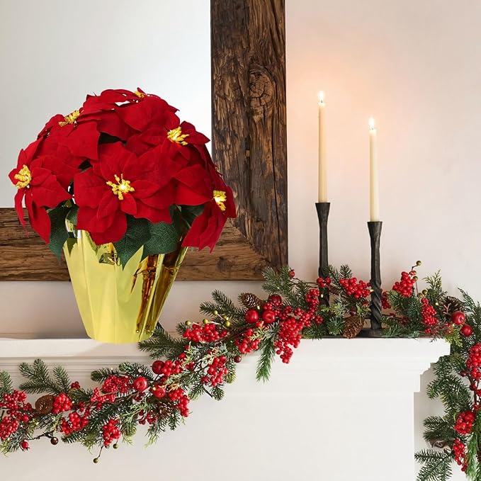 2 Pack 18" Lighted Large Artificial Poinsettias for Outdoors LED Poinsettia Flowers Artificial Faux Poinsettia Plants Poinsettia Christmas Decorations for Office Home Kitchen Decor
