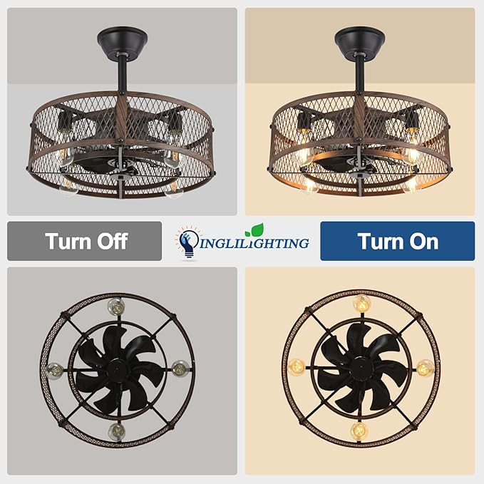 DLLT Caged Ceiling Fan with Lights: 20" Farmhouse Fandelier with Light and Remote - Walnut Industrial Chandelier Fan Light for Bedroom Living Dining Room Kitchen