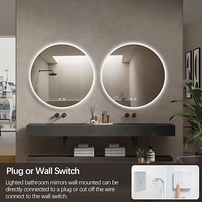 Niccy Round Led Mirror for Bathroom, 28" Circle Frameless Backlit Mirror wiht Light, Anti-Fog, 3 Colors, Waterproof, Memory Function