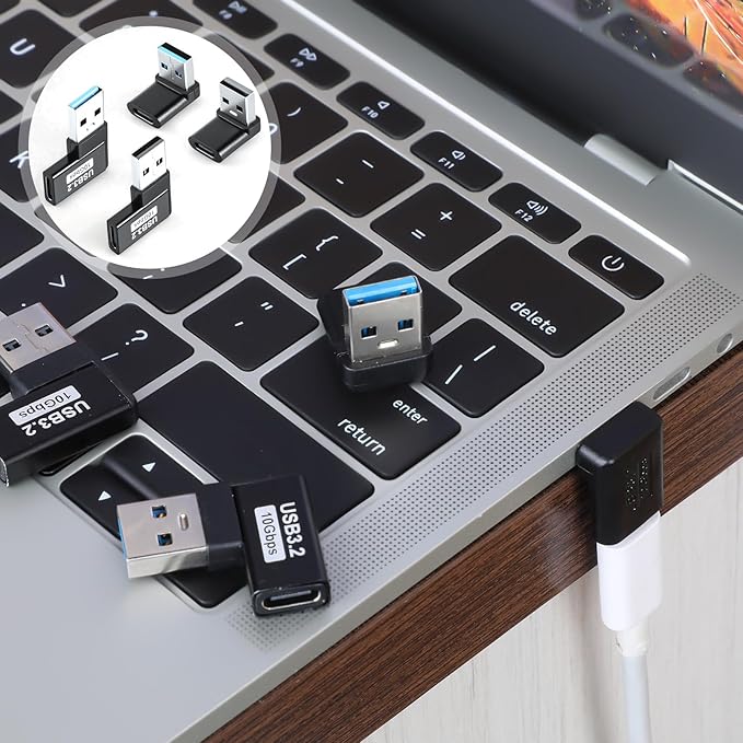 90 Degree USB to USB C Adapter (4 Pack), Up and Down Angle, Left and Right Angle A Male to Type C Female Extender Connector Vertical and Horizontal Port Changer for PC, Laptop, Power Bank