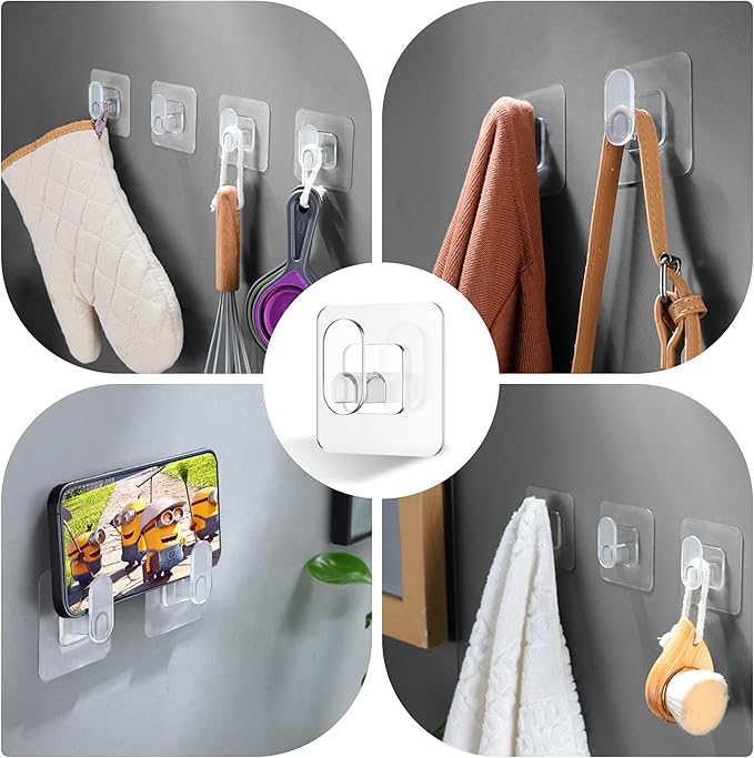 DELITON Clear Cute Storage Hooks, 10 Packs, Adhesion - Stick on Wall for Bathroom Towel&Hanging Robe, Coat
