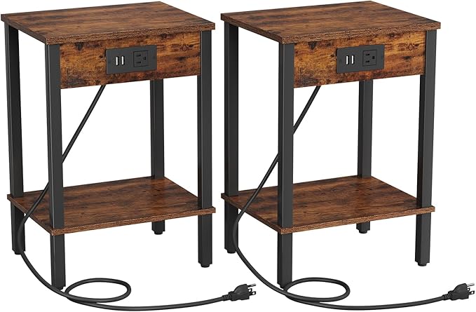 VIMBER Set of 2 End Table with Charging Station, Narrow Side Table with USB Ports and Outlets, Nightstands with 2-Tier Storage Shelves, Sofa Table for Small Space Living Room Bedroom