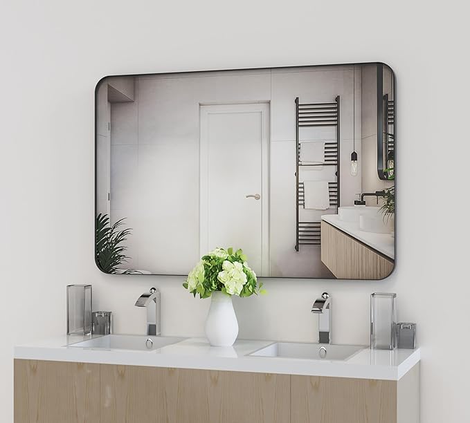 VocalStar Black Metal Framed Bathroom Mirror for Wall, 32 x 40 Inch Large Rounded Rectangle Matte Black Bathroom Vanity Mirror Farmhouse, 1/4-inch Shatterproof Glass | Ultra-Flush Hanging