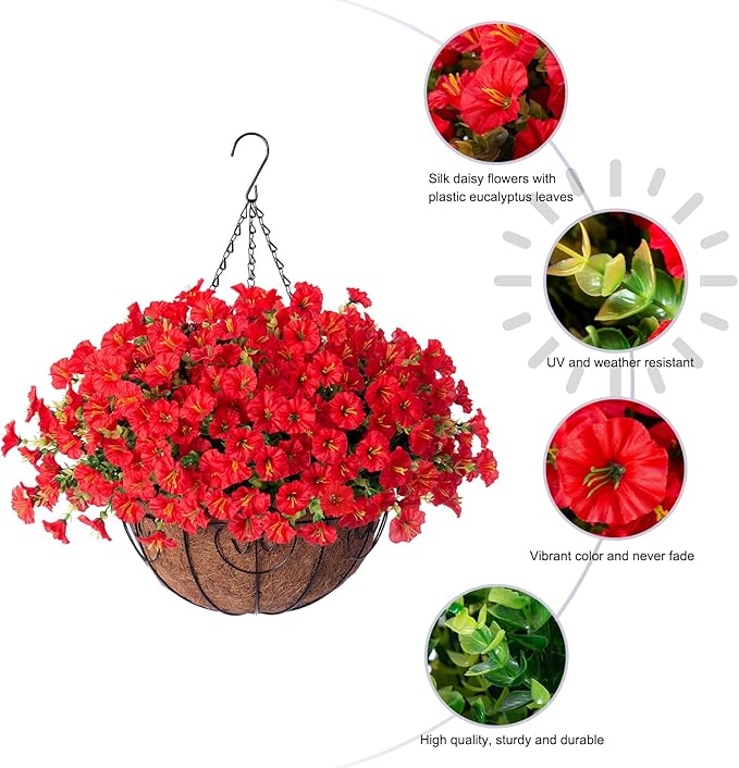 Artificial Fake Hanging Flowers Plants Baskets for Outdoor Decoration, Faux Silk Red Morning Glory in Planter Look Real UV Resistant Artificial Flower for Outside Porch Patio Garden Yard Home Decor