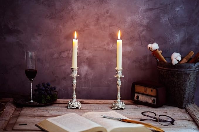 Sziqiqi Silver Plated Candlestick Holders Set of 2 Taper Candle Holders Deluxe Ornate Candle Holders for Shabbat Taper Candles, Candle Centerpiece, Wedding Candles, Christmas Candle, 7.4inch