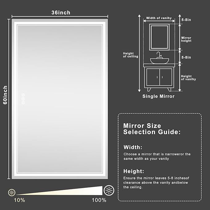 60''x36'' Lighted Mirrors for Bathroom Wall Backlit + Front Lit, Rectangular LED Bathroom Mirror Frameless with Lights Anti Fog, Dimmable, 3 Colors,Tempered Glass, Shatter-Proof (Color 1