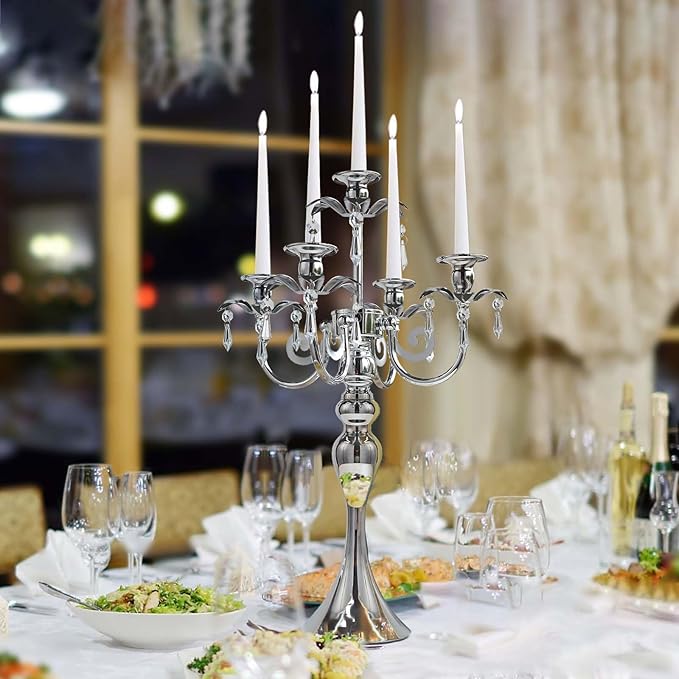 20.3'' Tall 5 Arm Candle Holder Centerpiece for Table, Metal Candelabra Candle Holder, Retro Candlestick Table Centerpieces for Party, Events, Home, Wedding Decor (1Pc, Silver)