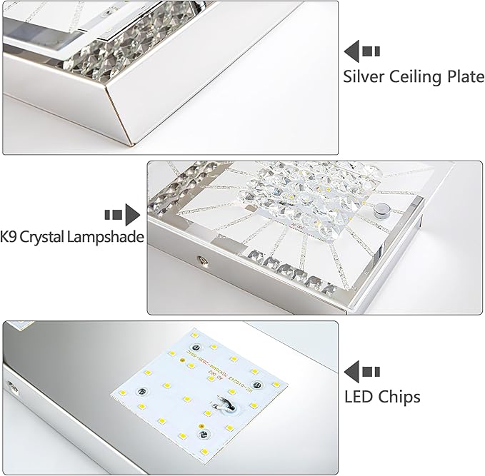 Crystal Flush Mount Ceiling Light Long Kitchen Lighting Fixtures Ceiling Rectangular Crystal Ceiling Light Fixture for Entryway, Foyer, Hallway, Bathroom, Brush Nickle 18 Inch, 18W Dimmable