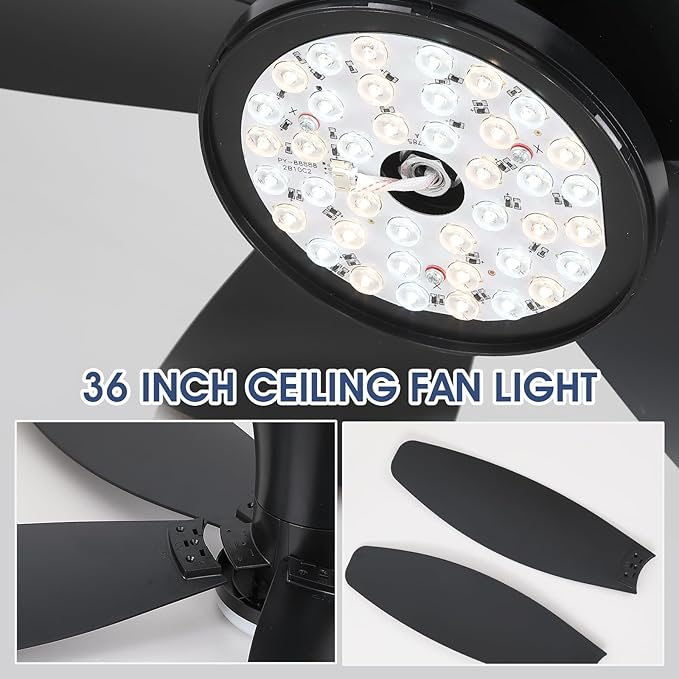 42" Ceiling Fans with Lights-Low Profile Ceiling Fan with Light and Remote/APP Control,Flush Mount,DC Reversible,LED Dimmable Blakc Ceiling Fans for Bedroom,Indoor/Outdoor Patio Use