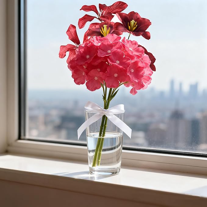 100PCS Artificial Hydrangea Flowers, Fake Flowers Silk Hydrangea Full Flowers Heads with Stems for Wedding Home Party Shop Baby Shower Decor (Rose Red)
