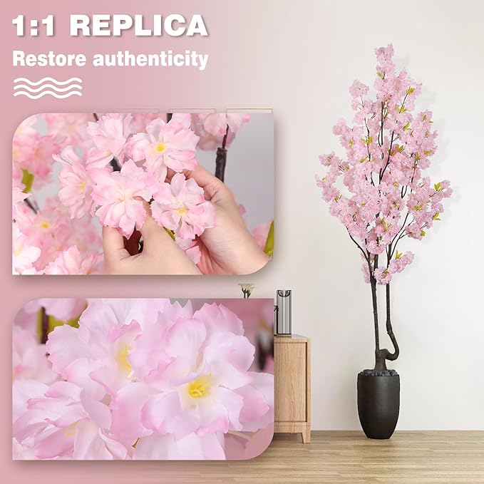 7FT Artificial Pink Cherry Tree,Lifelike Handmade Natural Fake Cherry Blossom Tree,Faux Realistic Sakura Tree,Perfect Decoration for Wedding,Home,Party,Festive