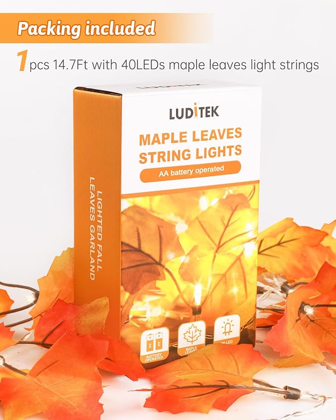Luditek 8 Lighting Modes & Timer Fall Decorations for Home Maple Leaf Garland with Lights 40LED Battery Operated Waterproof String Lights, Thanksgiving Halloween Fall Decor Indoor Outdoor Autumn
