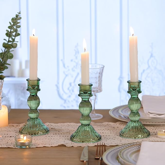 DARJEN Green Candlestick Holders Set of 4 - Vertical Stripe Glass Candle Holders for Candlesticks and Taper Candles, Taper Candle Holder for Wedding, Home, Decor & Table Centerpieces