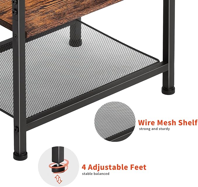 Nightstands Set of 2 with Charging Station and Drawer, End Table Side Table with 20 Colors LED Light Strip and 2 Layers Shelf for Bedroom Living Room Sofa (Rustic Brown)