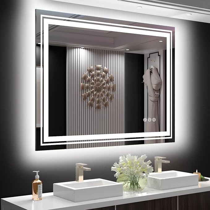 LED Mirror for Bathroom, 48"X36" with 8 RGB Backlit +3 Front Lit (Adjustable Individually), Anti-Fog, Large Lighted Bathroom Vanity Mirror for Wall,Shatterproof,Memory Function,Tempered Glass