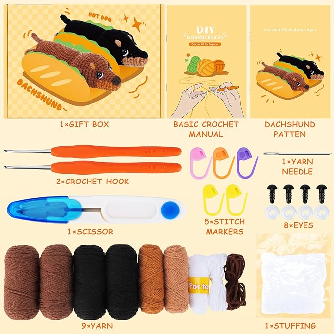 Crochet Kit for Beginners - 2 PCS Dachshund Crochet Kits with Step-by-Step Video Tutorials, Beginner Crochet Kit for Adults, Crochet Animal Kit for Kids, Dog Craft Knitting Kit