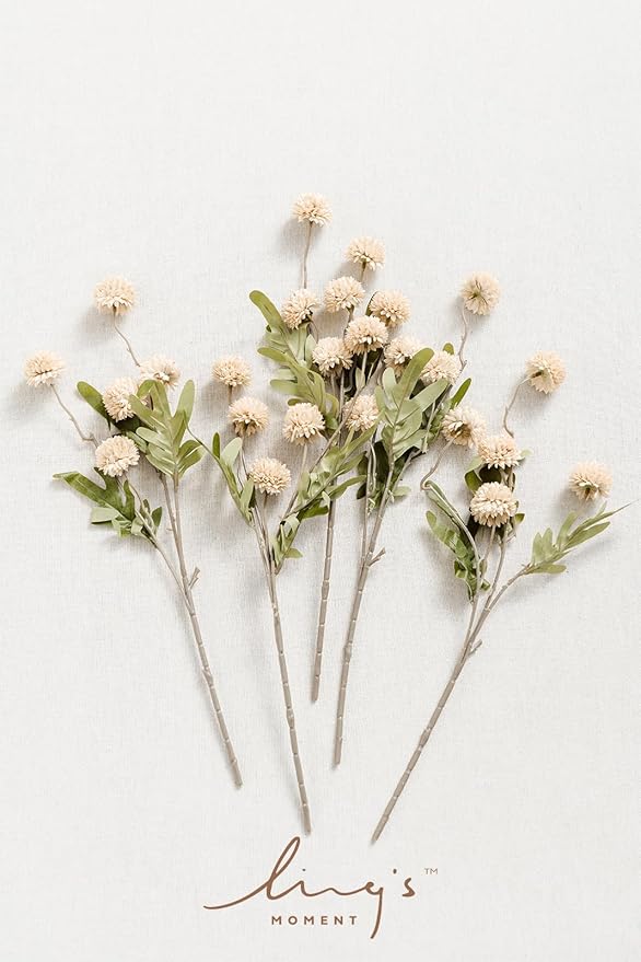 Ling's moment Pompon Mum Artificial Flower, 5pcs Faux Silk Mini Chrysanth with Stems, Bulk Fake Wedding Filler Flowers for DIY Bouquet Centerpieces Arrangements Shower Decorations, Beige