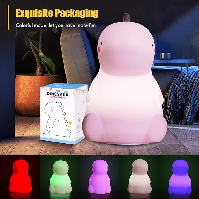 VSATEN Dinosaur Night Light for Kids, Color Changing Silicone Baby Night Light with Touch Sensor for Kids' Bedroom, USB Rechargeable LED Bedside Nursery Lamp, Cute Dinosaur Lamp Gifts