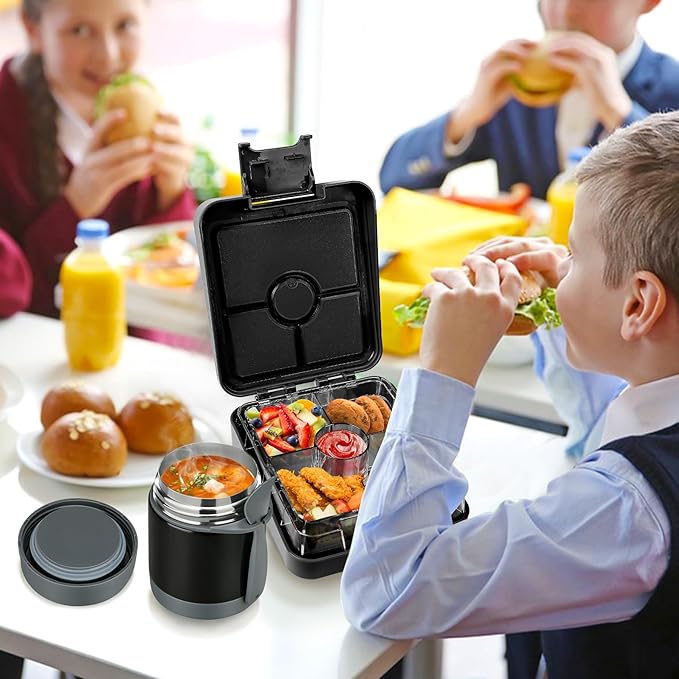 Bento Lunch Box Set With 10oz Soup Thermo, Leak-proof Lunch Containers with 4 Compartment, Kids Hot Thermo Food Jar/Insulation Lunch Bag, Food Containers for School (Black)