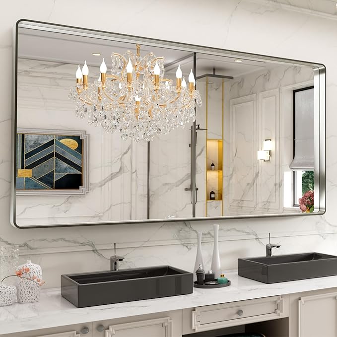 LOAAO 77X36 Inch Brushed Nickel Bathroom Mirror, Rounded Rectangle Silver Metal Frame Mirror, Brushed Nickel, Anti-Rust, Hangs Horizontally or Vertically