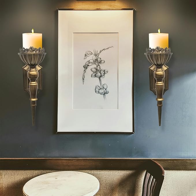 Gold Candle Sconces Set of 2 - Metal Wall Candle Holders for Pillar - Vintage Brass Wall Décor for Living Room Bathroom Dining Room