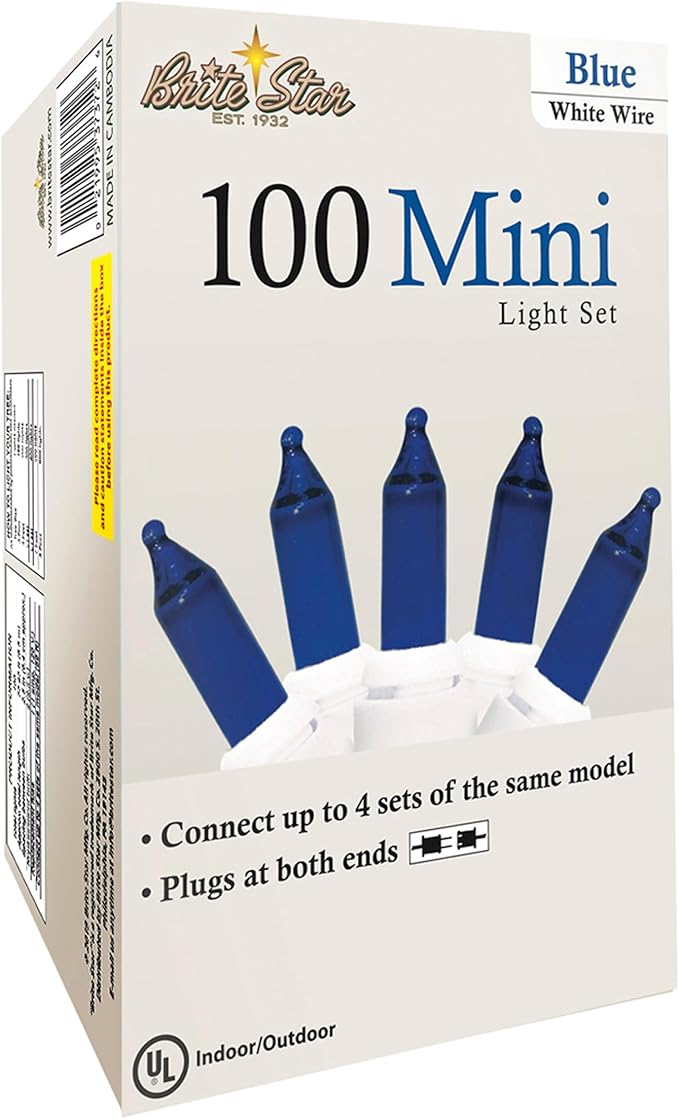 Brite Star 100 Count Mini String Christmas Lights, Blue - 22 feet Indoor/Outdoor Christmas Tree Lights with White Wire