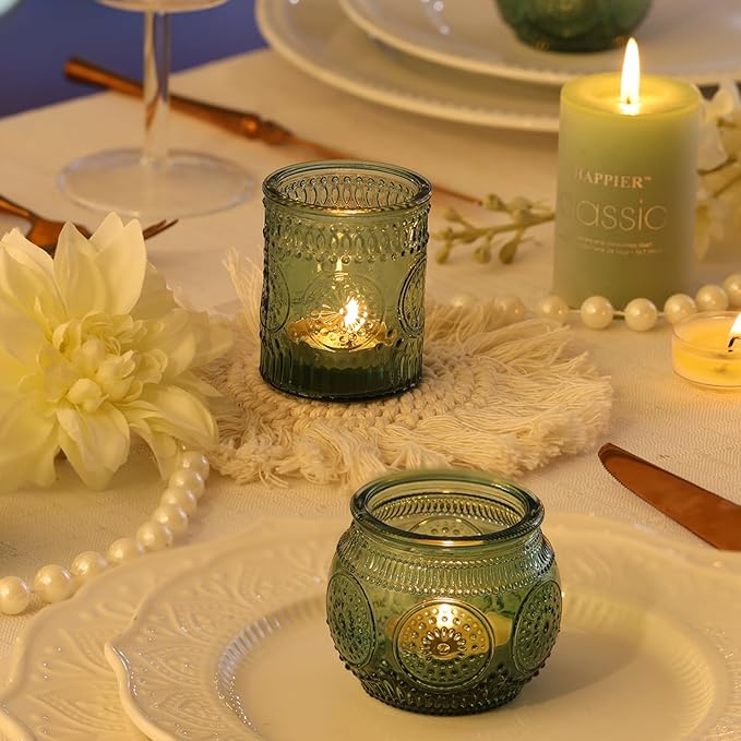 DARJEN 48Pcs Green Votive Candle Holders- Glass Candle Holders Bulk for Flameless LED Tea Waxes, Romantic Candle Holder for Wedding Decor, Various Parties & Dinner Table