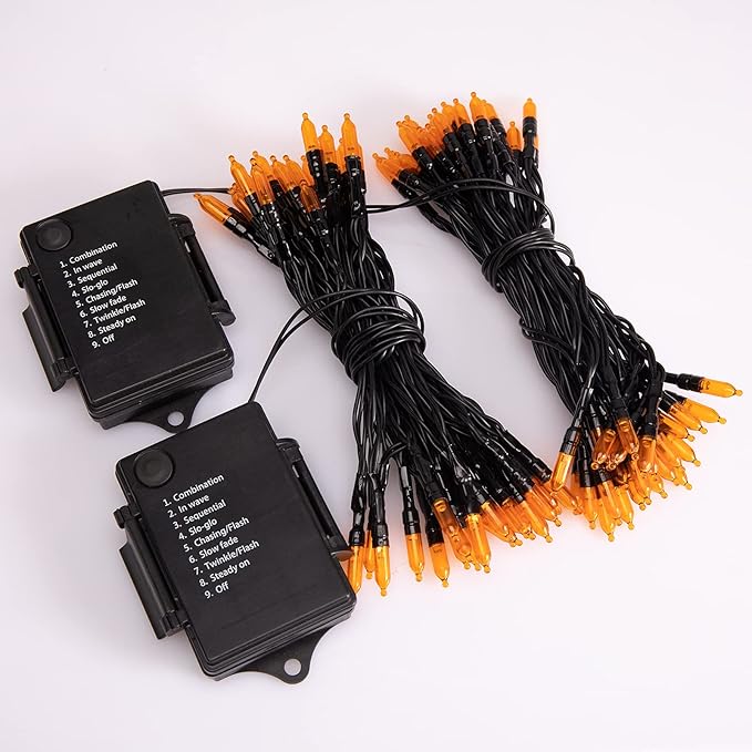 Halloween Orange String Lights Decorations,2 Pack 17.8 Feet 50 LED Battery Operated Mini String Lights with 8 Modes Waterproof for Outdoor Indoor Patio Xmas Tree Holiday Party Christmas Show