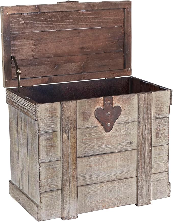 Household Essentials Decorative Trunk, Victorian Style, Aged-Wood Finish and Metal Accents, with Fully Opening Lid and Ring Handles