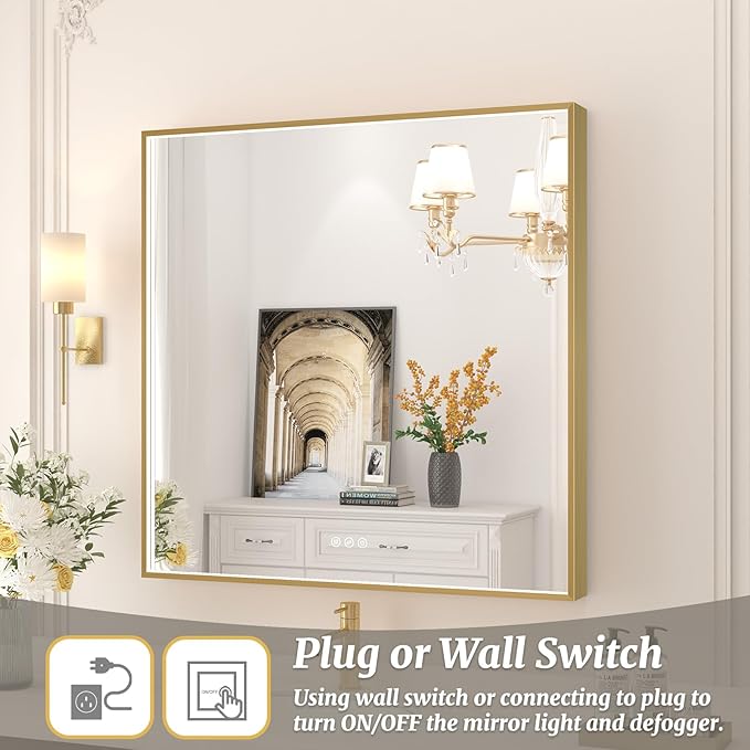 32x32 Inch LED Bathroom Mirror, Gold Metal Framed Lighted Mirror for Bathroom, Wall Mouted LED Vanity Mirror with Lights, 3 Colors and Stepless Dimmable, Anti-Fog, Memory