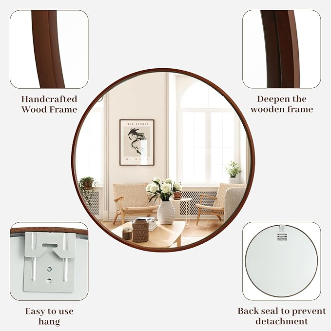 WallBeyond Round Wood Mirror, 32" Round Modern Decoration Large Circle Wall Mirror for Bathroom Living Room Bedroom Entryway, Walnut