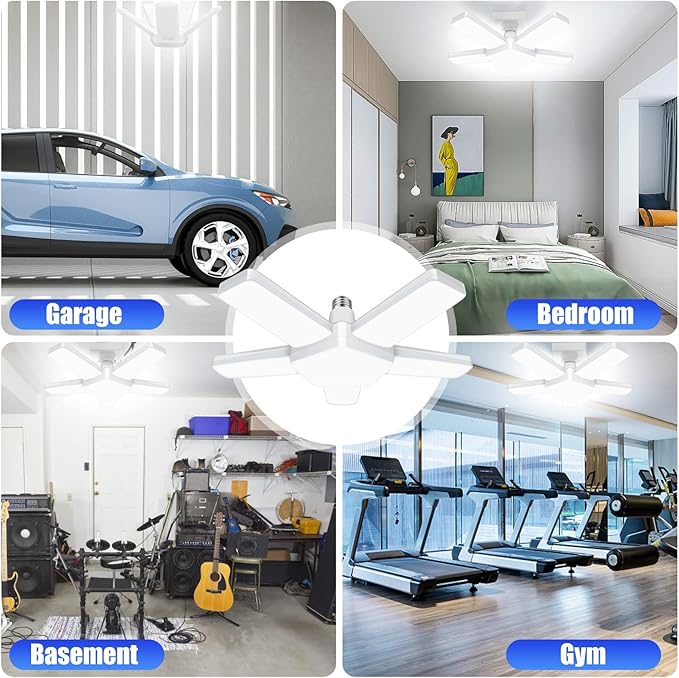 Led Garage Lights 4 Pack, Coomoors 80W LED Shop Light, 8000LM 6500K E26/E27 Garage Ceiling Light with 5 Adjustable Panels 80W-4 Pack