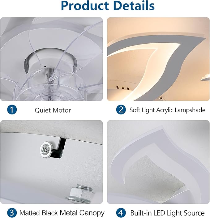 Modern Ceiling Fan with Lights Remote Control, 32" White 6 Speeds 3 Light Color Low Profile Flush Mount Ceiling Fan for Kitchen Bedroom