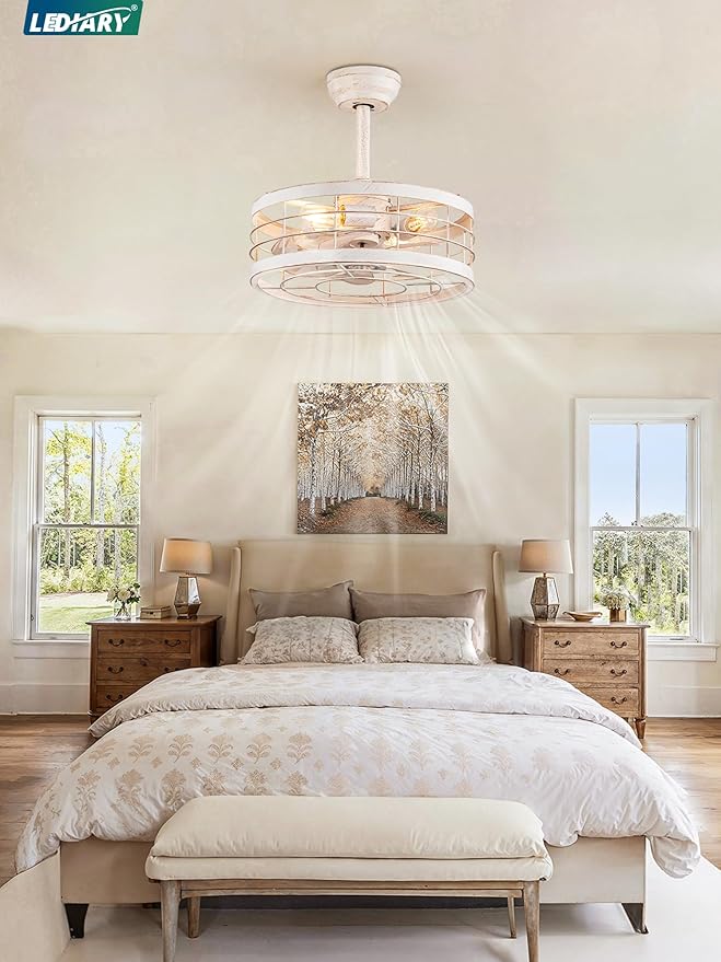 LEDIARY 16.5in Caged Ceiling Fan with Light, Fandelier Industrial Ceiling Fan with Remote, Rustic Metal Fan Lights Ceiling Fixtures for Kitchen, Farmhouse, Bedroom(6 Speed, Timing)-White and Gold