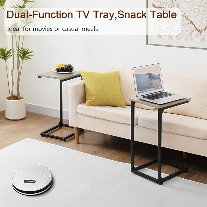 AMHANCIBLE C Shaped Side Table, End Tables Living Room Set of 2, Slide Under Couch Table for Sofa, TV Trays for Bedroom, Small Space, Greige HET02CGY