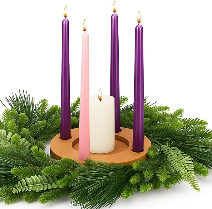 Mumufy 6 Pcs Advent Candle Holder Set Nativity Christmas Centerpiece Religious Decorations Rustic Wooden Advent Candlestick Holders with Purple Pink Taper Candles for Thanksgiving Christmas Nativity