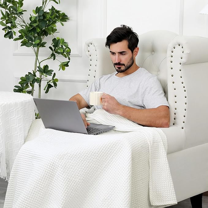 PHF Pre-Washed Cotton Waffle Weave Blanket Throw Size for Couch Bed,Snag Proof Spring Summer Lightweight Breathable,Oeko-TEX Certified,Machine Washable, Home Decor Gift,Cream
