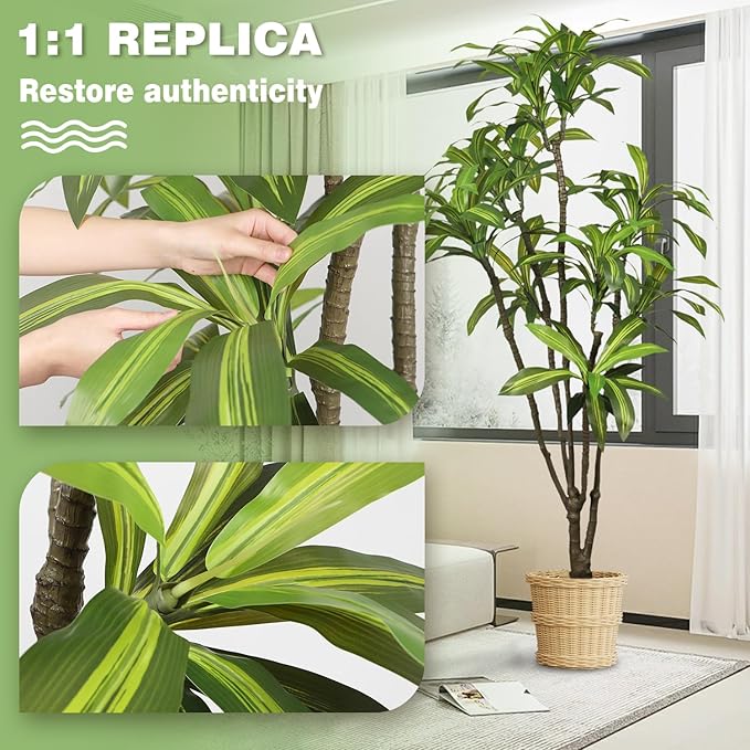 Artificial Dracaena Tree 6.5ft(78in) Faux Floor Plant for Indoor Decor Realistic Potted Tree with Texture Lifelike Leaves and Natural Wood Trunk for Home Living Room,Office Perfect Housewarming Gift