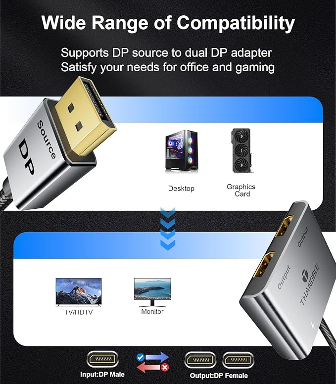 DisplayPort to Dual DisplayPort Splitter Adapter (4K@60Hz) Display Port 1 in 2 Out Splitter for Dual Monitor Extended Display, MST DP to 2 DP Adapter for PC, Graphics Card