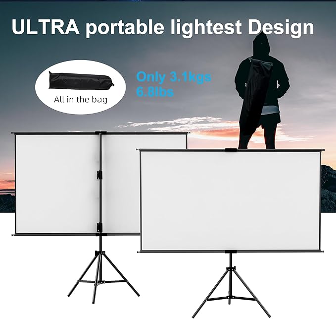 60 Inch Portable Projector Screen with Tripod Stand, Compact Mobile Projection Screen for Small Spaces, Height Adjustable and Wrinkle-Free for Indoor Outdoor Camping and Office Use