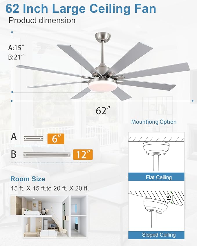 62 Inch Ceiling Fans with Lights,Large Modern Ceiling fan with Remote and 8 Wooden Blades,Dimmable,6 Speeds,Noiseless Reversible Indoor&Outdoor Fan for Bedroom,Patio,Living Room