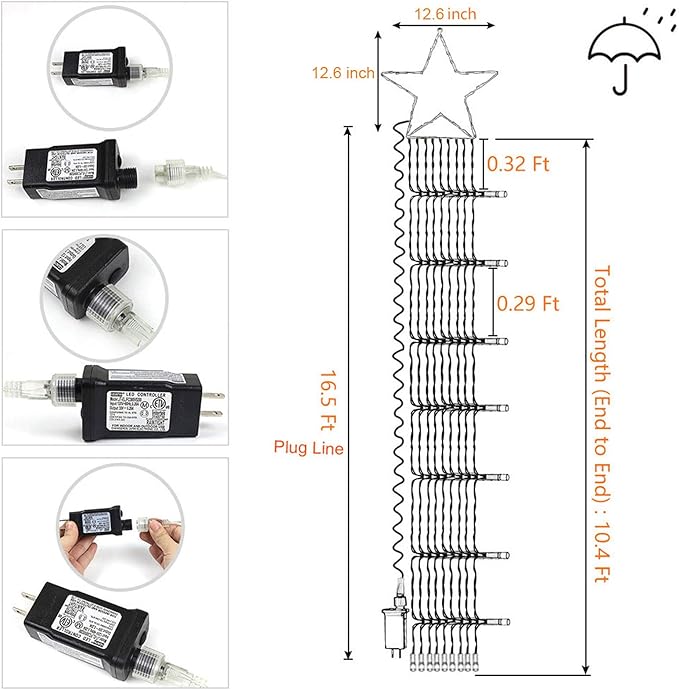 FUNIAO (New) Christmas Decoration Lights, 320 LED Waterfall Christmas Tree Lights with 12" Star Topper, 8 Modes Indoor Outdoor String Lights for Yard, Party, Home, Holiday (Warm White)