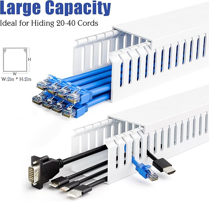 ZhiYo 2x2in Professional Server Rack Cable Management Raceway, Cable Raceway Kit, Electrically Safe PVC Open Slot Wire Cover, Cord Hider for Under Desk/Computer/Network Cords White