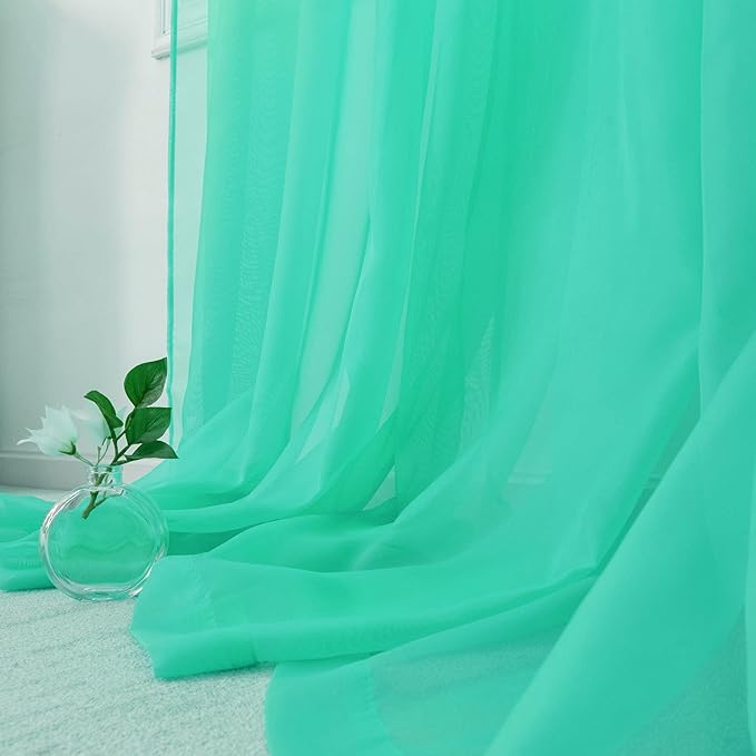 HUTO Turquoise Sheer Window Curtains Panels 52 Inches Wide by 96 Inches Long Rod Pocket Window Sheer Panels Drapes 2 Panels Curtains for Bedroom Living Room Nursery