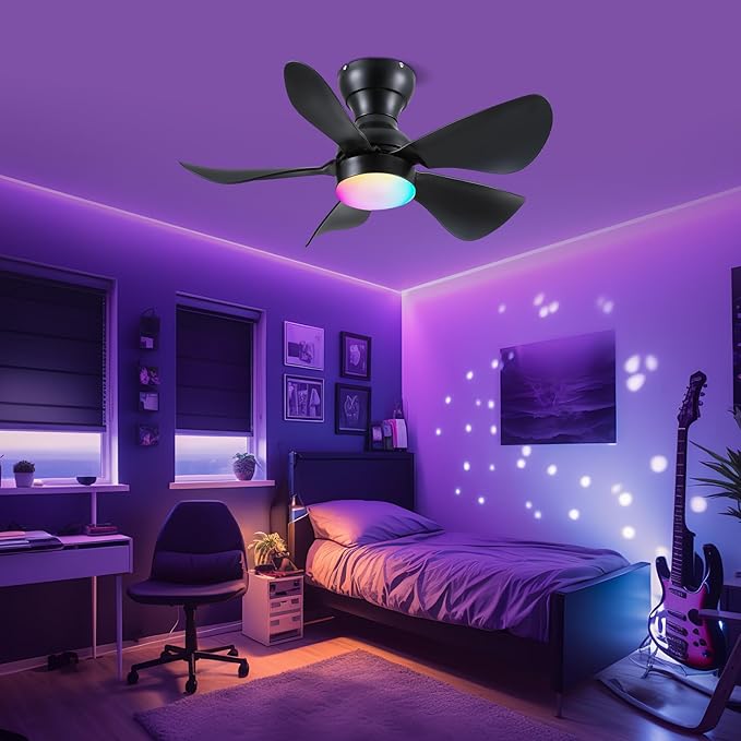 Ceiling Fans with Lights and Remote/APP Control, 30 inch Low Profile Ceiling Fans with Dimmable White Colors and RGB Lighting, 6 Speeds 5 Curved Blades for Kids Room Bedroom Bar, Black