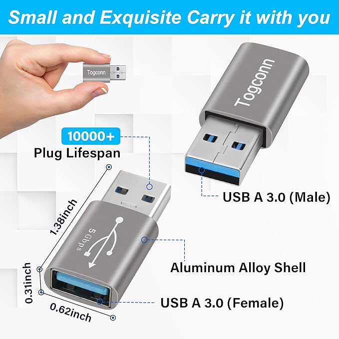 Angle USB 3.0 Adapter 10 Pack, Multiple Angles(UP/Down/Left/Right/Straight),USB A Male to Female Connector Converter USB L Shape Extender, Support Charge & Data Sync for PC, Laptop, Mouse, Keyboard