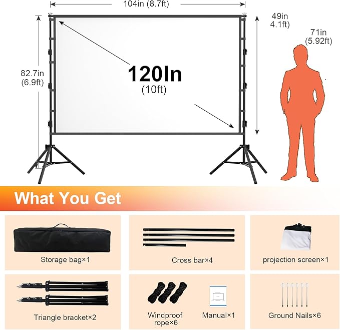 120in Outdoor Projector Screen with Stand,XINLEMY Indoor Portable Projection Screen,16:9 4K HD Wrinkle-Free Rear Front Movie Screen with Carry Bag for Backyard Night RVing Home Theater (120 INCH)