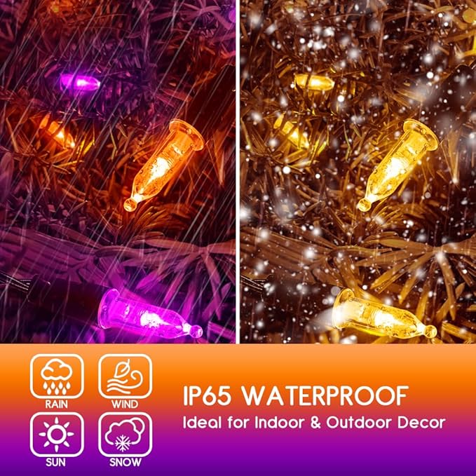 KOUQIYA Battery Halloween Lights 2 Pack, 17ft 50 LED Dual Color Changing Mini String Light with 3 Auto-Timer Options and12 Lighting Modes Waterproof Tree Lights (Orange Purple & Warm White)