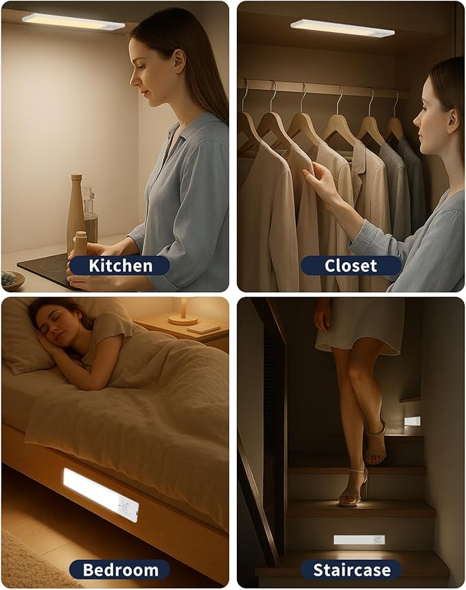 FBY Under Cabinet Lighting,1800mAh USB Rechargeable Closet Light, 8-Inch LED Motion Sensor Indoor, 3-Level Adjustable Brightness and 3 Color Temperature Options (3Pack)